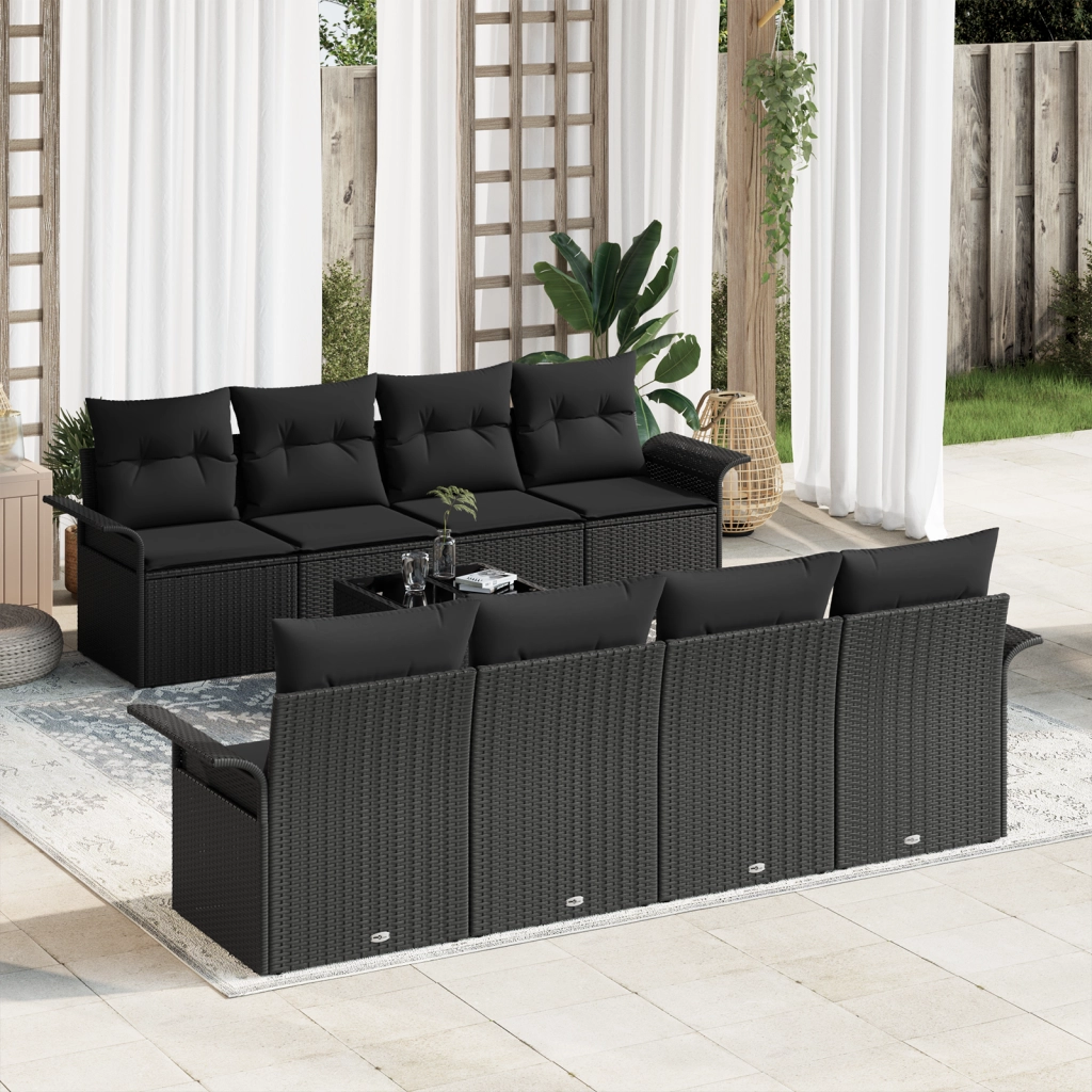 Set di Divano da Giardino 9 Pezzi con Cuscini Nero Polyrattan