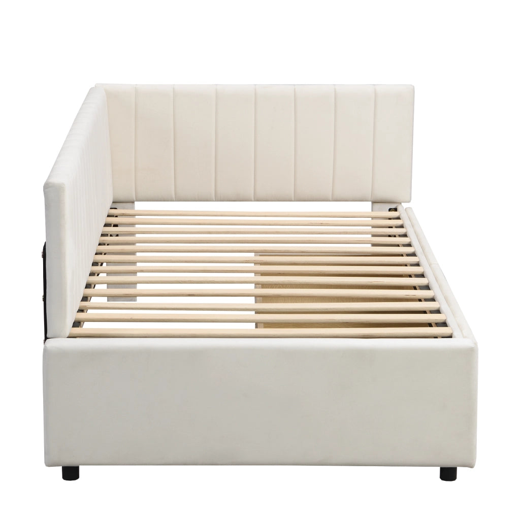 OKWISH Letto Divano 1 Posto, 2 Cassetti e Braccioli, 90 x 200 cm, senza Materasso, Beige, Imbottito