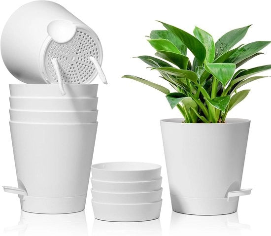 Set di vaso in plastica bianco da 6 pezzi Φ6.5cm con sistema di irrigazione per decorazione interna ed esterna per uso domestico e ufficio