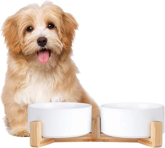 Bacino alimentare ceramico con base in legno - 2 x 850 ml - Per cani e gatti ciotole elevate