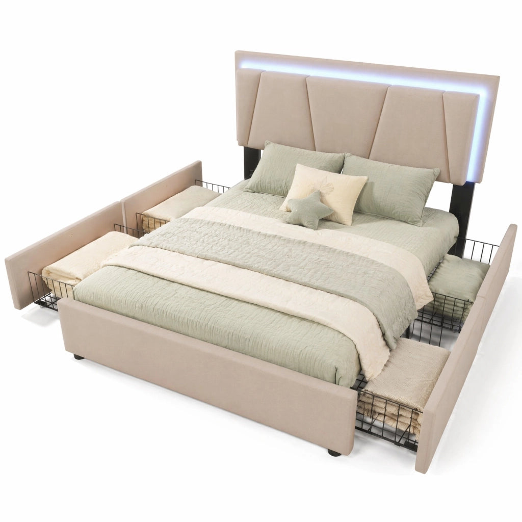 Letto matrimoniale 140x200 cm con LED; testiera regolabile e 4 cassetti; beige; con materasso