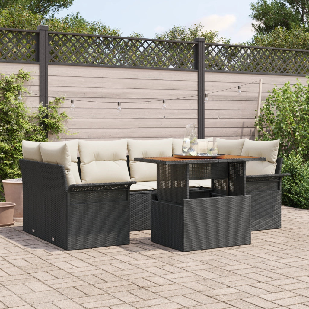 Set divani giardino con cuscini da 7 pezzi Rattan Poli Acacia Nero