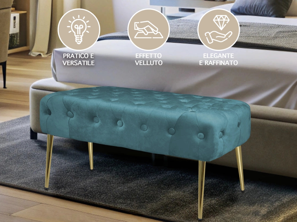 Panca Imbottita Divanetto In Velluto Sgabello A Pie Di Letto Con Gambe In Metallo Dorato Panchina Ingresso Legno Massello Pouf - Petrolio