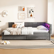 Letto matrimoniale 140×200 cm con LED regolabile; USB e Type-C; 2 cassetti e ripiani; senza materasso; lino; grigio