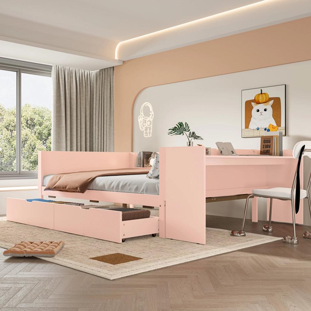 Letto basso con scrivania in pino e truciolare 140x200 cm