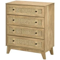 Cassettiera con 4 Cassetti e Inserti in Rattan Stile Boho, 80x35x95 cm, Legno Naturale