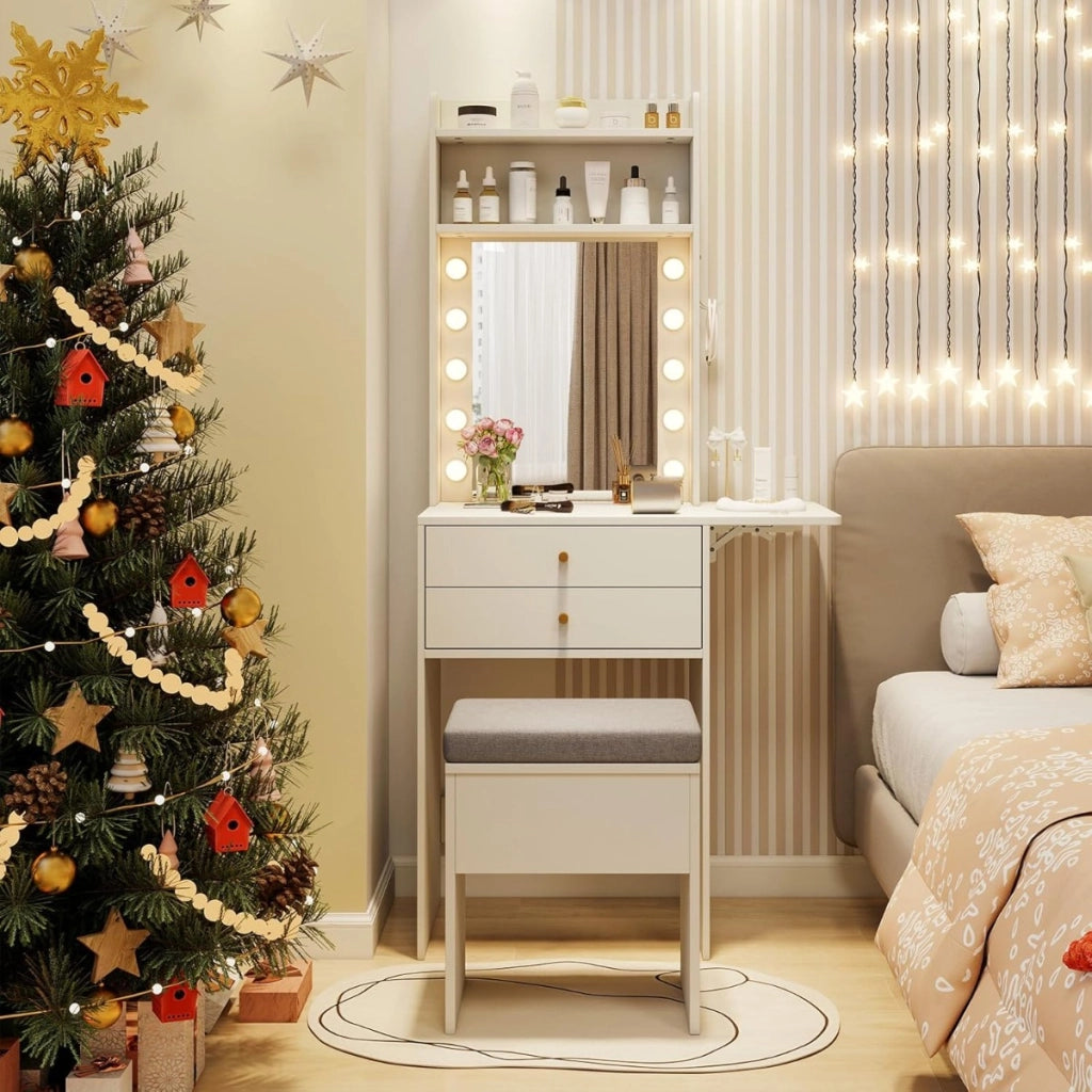 Tavolo da trucco compatto con specchio e luci, Set di comodino con stazione di ricarica bianco-Tavoli da trucco