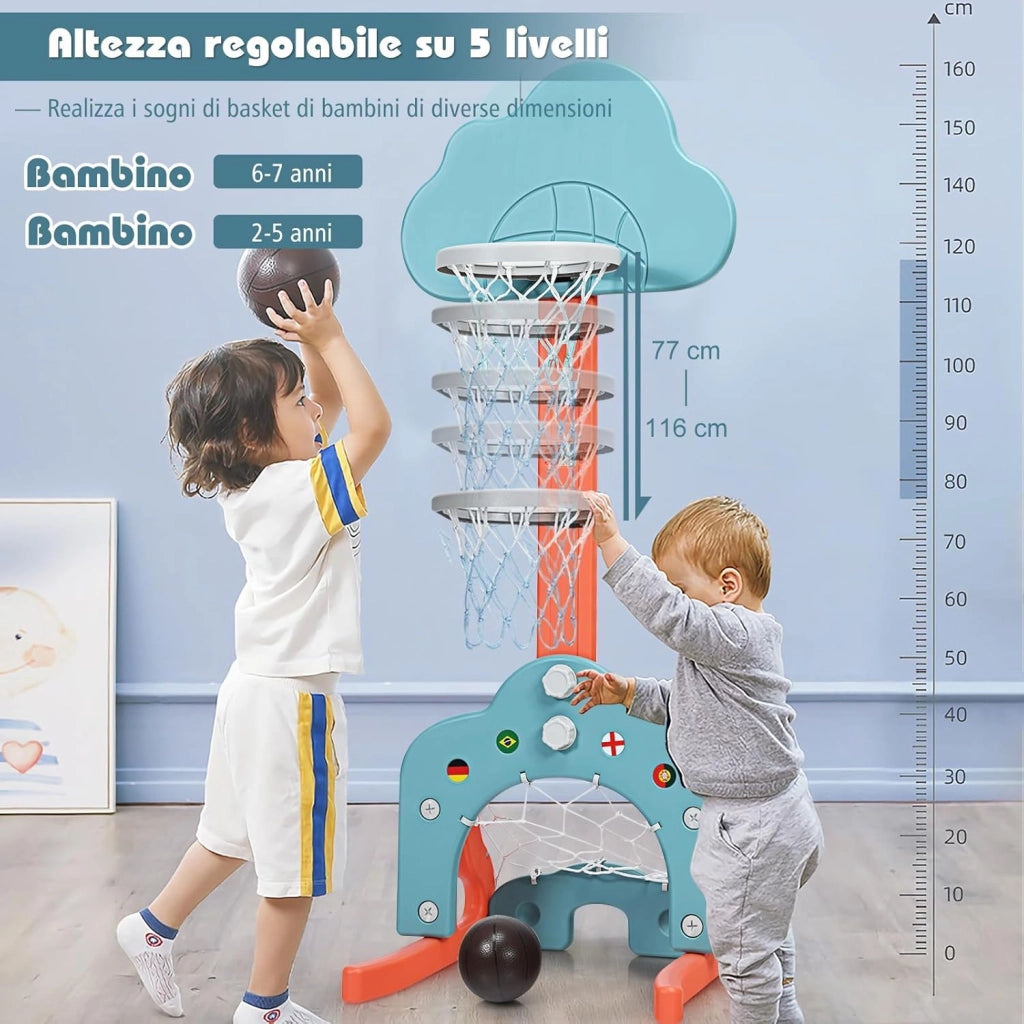 Basket per Bambini Centro Attività Multifunzione - Palla Canestro, Calcio e Golf, Mazza da Golf e Palle incluese, per Bambini, Altezza Regolabile (Nuvola Verde)