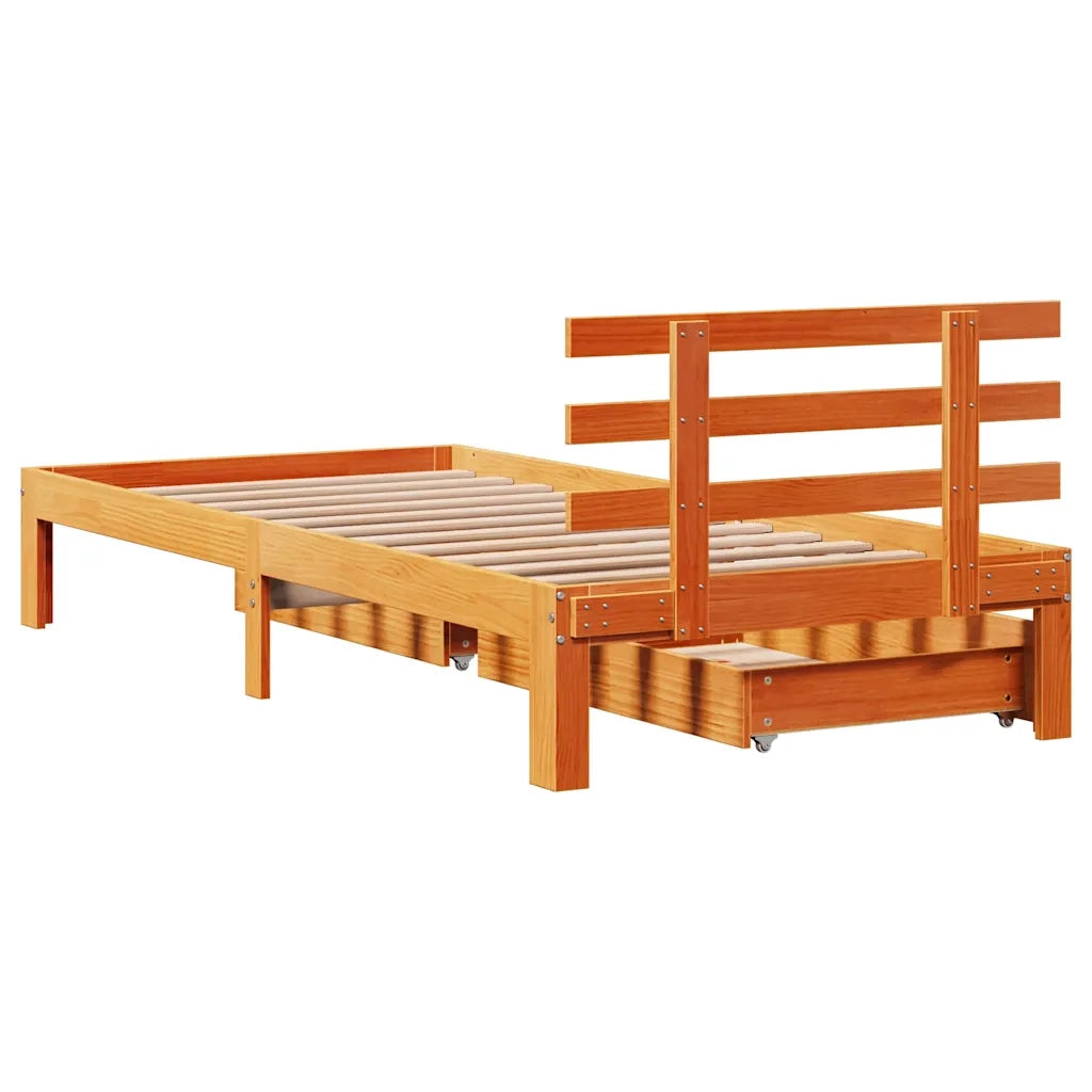 Letto singolo | Letto per adulti | Giroletto Cassetti Marrone Cera 75x190cm in Legno Massello Pino