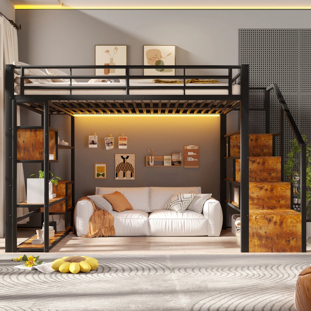 Letto a soppalco 140x200 cm con spazio libero sottostante; LED; ripiano; gradini integrati e parapetto; metallo nero