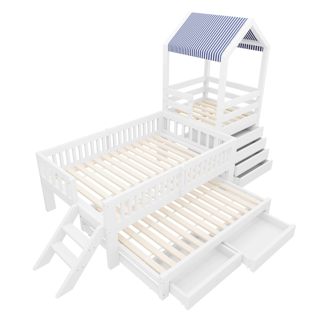 Letto per bambini a casetta con letto estraibile e cassetti bianco