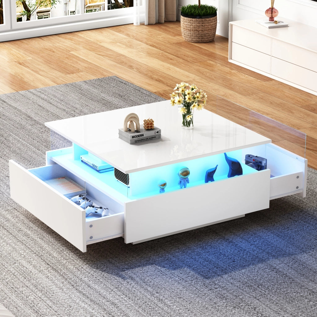 Tavolino da caffè bianco lucido con LED, 2 cassetti e vano trasparente 70×70×41 cm