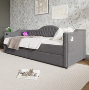 Letto da giorno 90x200 cm con USB C; USB e 2 cassetti; tessuto grigio