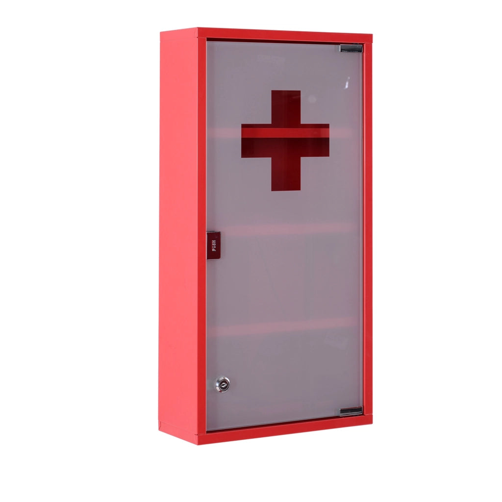 Armadietto per medicinali con serratura e apertura a pressione, in acciaio e vetro satinato, per casa e ufficio, rosso
