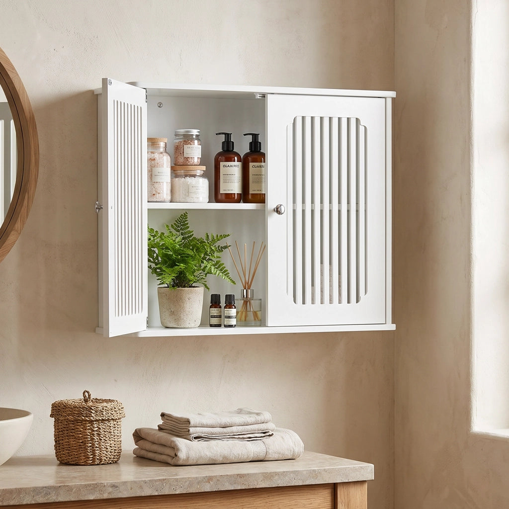 Armadietto da bagno pensile con 2 ante a lamelle, in MDF e truciolare, per bagno, bianco, 69,3 × 43,8 × 11 cm
