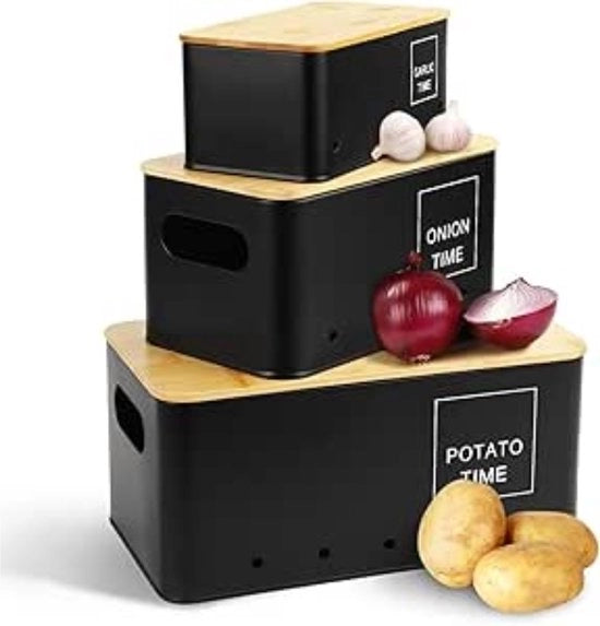 Set di conservazione multiuso per verdure con contenitore per patate, ciotola per cipolle, set di spazzole e schiaccia patate - 5 pezzi