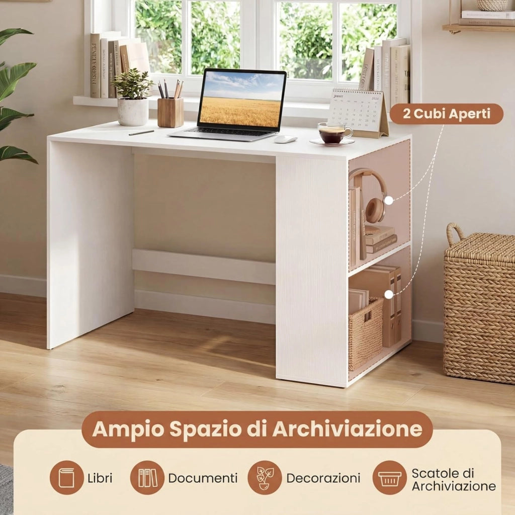 Scrivania Ufficio con Libreria Laterale a 2 Ripiani e Ampio Piano, 112 x 60 cm Scrivania Gaming in Legno, Scrittoio per Computer Salvaspazio per Studio, Soggiorno e Ufficio (Bianco)