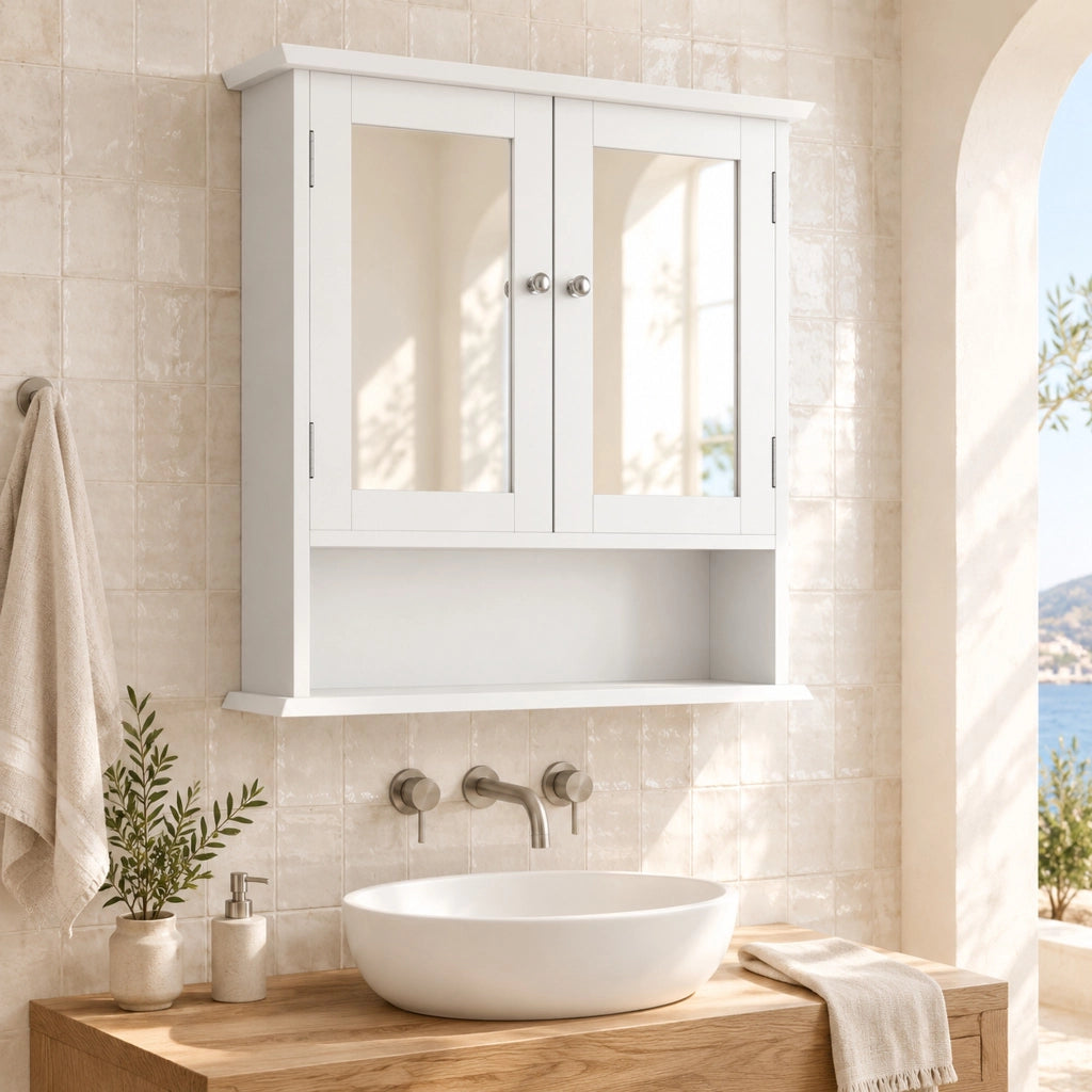 Mobile bagno sospeso con specchio e ripiani regolabili; 54;6x19;8x60 cm; MDF bianco