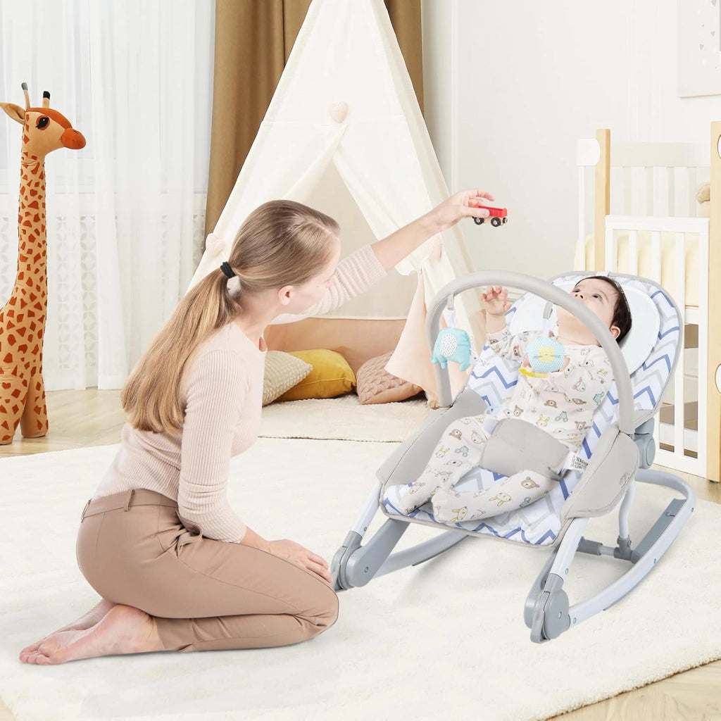 2-in-1 Sdraietta per Bambini, Sdraietta per Neonati Portatile con Schienale Regolabile a 3 Livelli, Sdraietta Pieghevole con Giocattoli, con Cintura di Sicurezza, per Bambini 0-6 Mesi (Grigio)