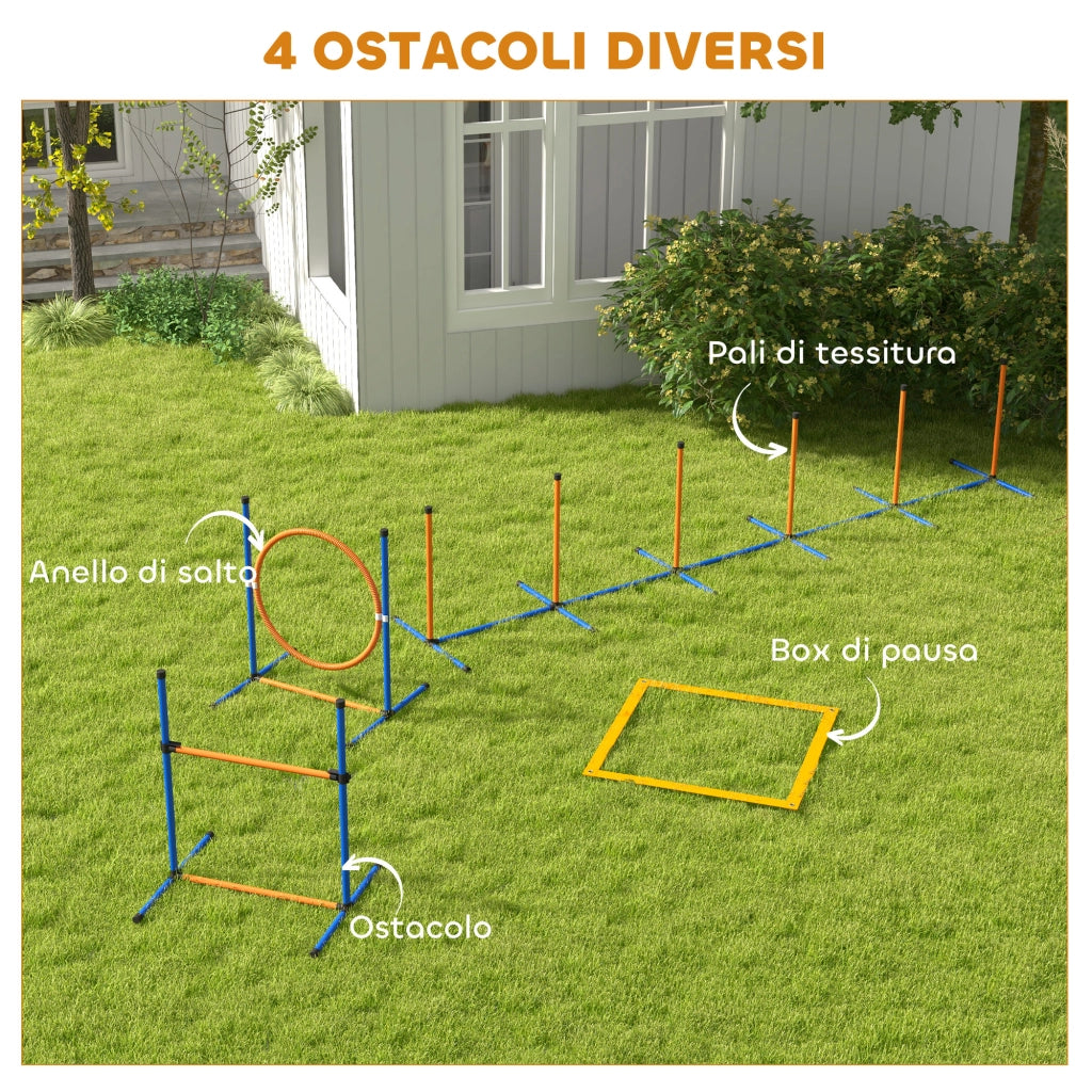 Set Agility Dog con Anello e Barra per Salto Paletti Slalom Fischietto Palline e Borsa Arancione