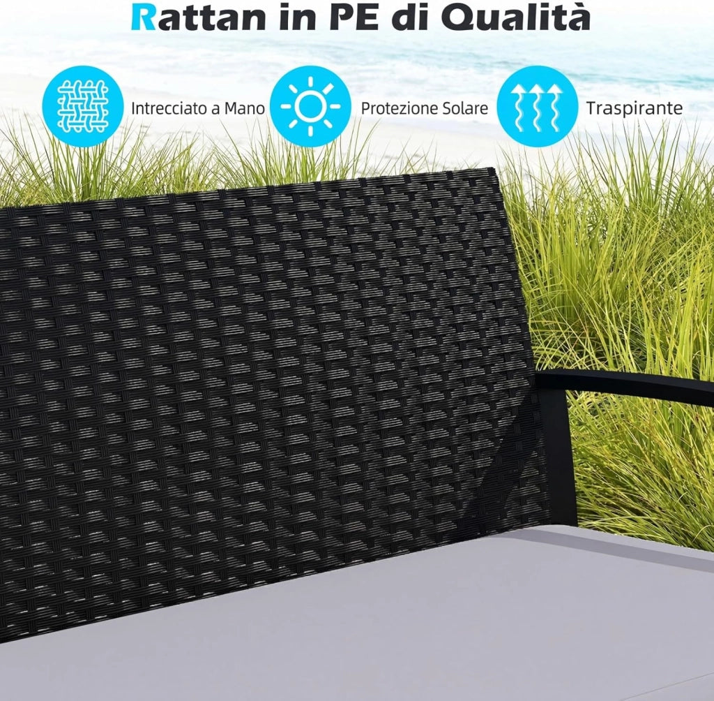 Set Salotto da Giardino a 4 Pezzi, Divanetto in Rattan con 2 Poltrone Ergonomiche e Tavolino con Piano in Vetro Temperato, Set Mobili da Esterno con Cuscini per Balcone e Patio (Grigio)