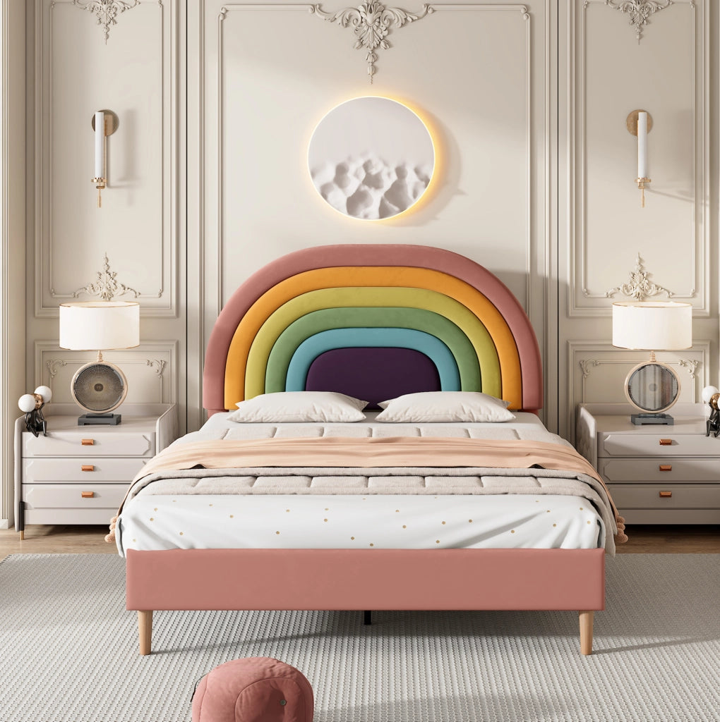 Letto imbottito 140x200 in velluto rosa con testiera regolabile