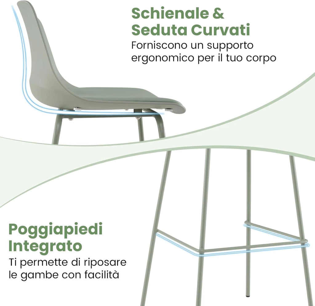 Set di 4 Sgabelli da Bar in Ecopelle con Schienale e Poggiapiedi | Sedie Alte con Sedili Imbottiti Morbidi, Gambe in Metallo, Stile Moderno per Isola Cucina e Sala da Pranzo, Portata 180 kg