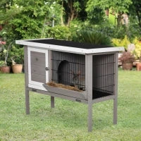Conigliera con tetto in asfalto, mangiatoia, vassoio amovibile e 2 porte, in legno, 91 x 46 x 71 cm, grigio