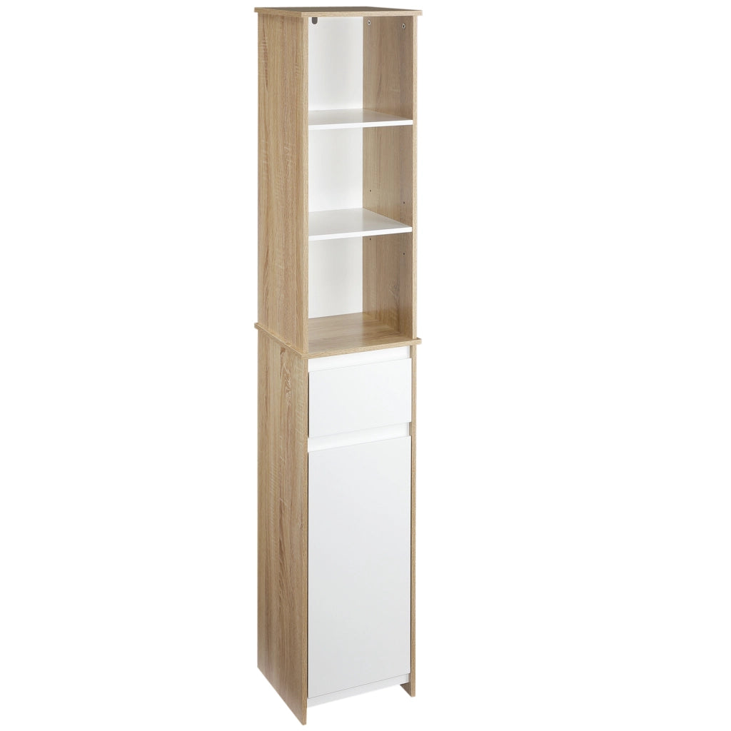 Mobile Bagno a Colonna con Ripiani, Armadietto e Cassetto ¨C zephmum ¨C Bianco, Legno, 32.6x30x171.2cm