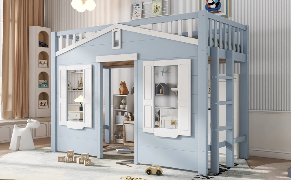 Letto a castello bambini blu in pino e MDF con funzione contenitore 90x200 cm