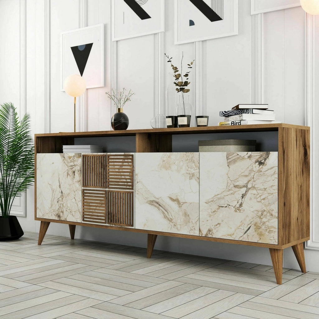 Consolle Jole, Credenza da soggiorno, Armadio basso per TV, Base parete attrezzata, 180x35 h79 cm, Noce e Bianco Marmo
