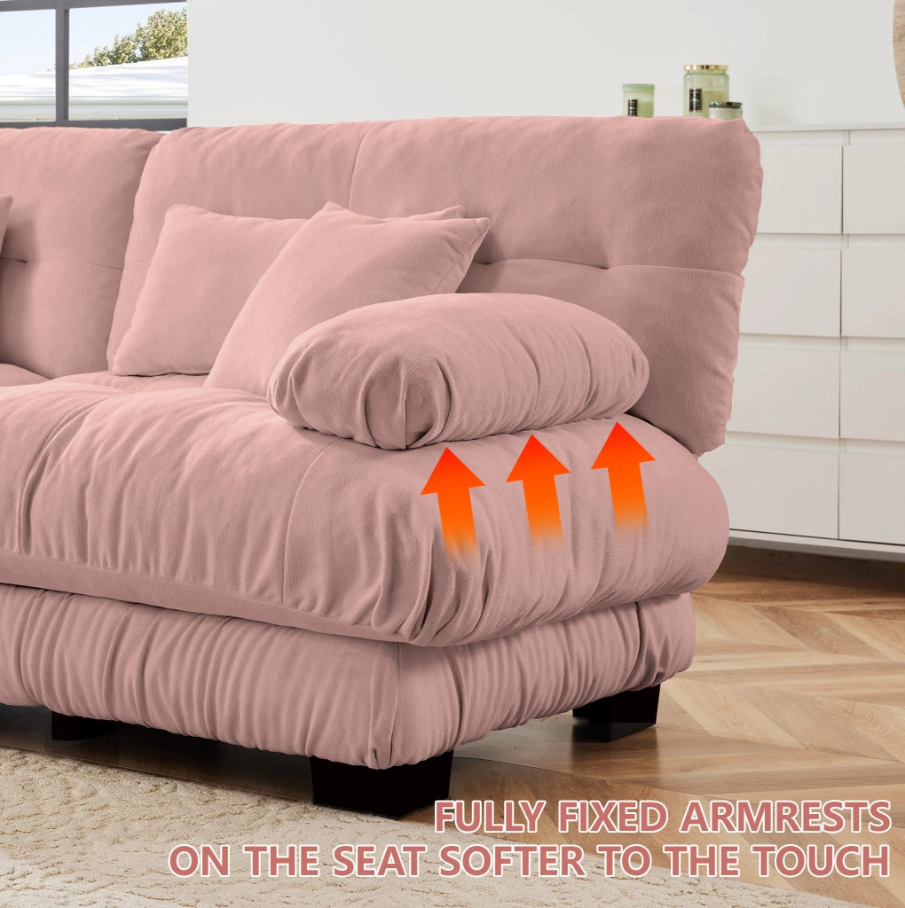Divano modulare angolare a L in Chenille rosa, 4 posti con pouf mobile