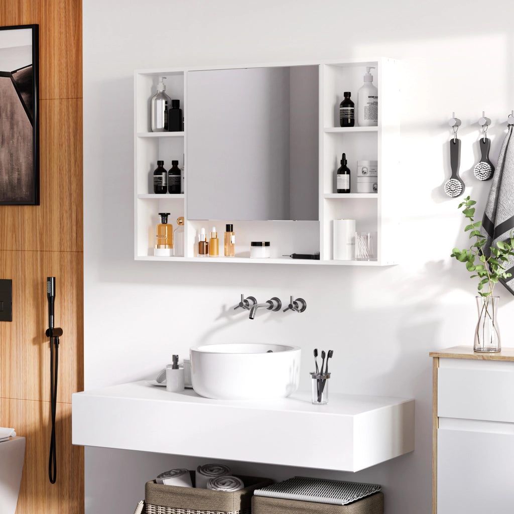EasyComfort Specchiera Bagno con Mensole Aperte e Armadietto con Anta Specchiata, Mobile Bagno con Specchio Salvaspazio, 100x15x70cm, Bianco