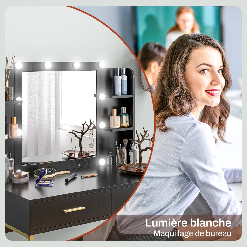 Cassettiera Toeletta con Specchio e Luce ¨C zephmum ¨C Nero, 2 Cassetti, Ripiani