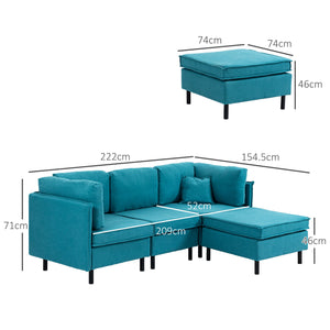 Divano Componibile a L con Braccioli e Poggiapiedi 222x154.5x71 cm in Tessuto Effetto Lino Blu e Nero