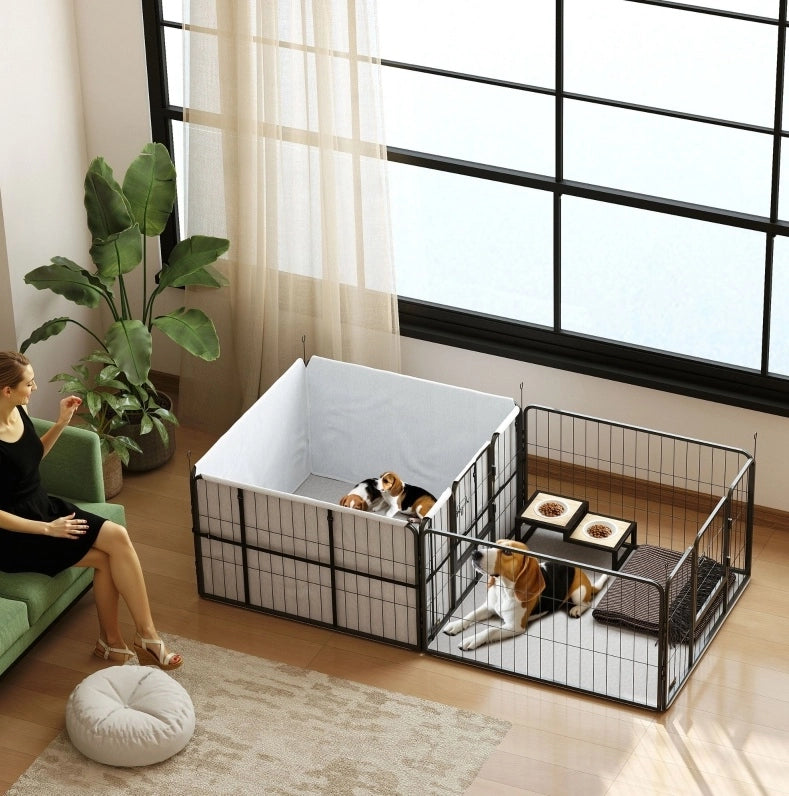Recinto per cuccioli 203x102x60 cm in poliestere nero, 7 pannelli, 2 zone –