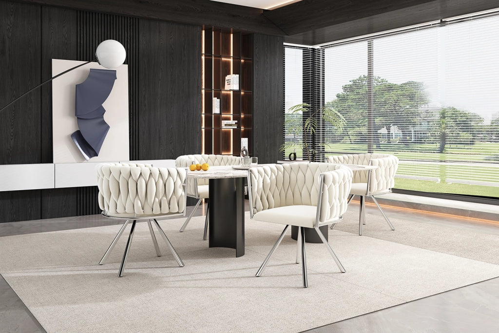 Sedia da pranzo girevole in velluto, set da 2, struttura in acciaio, beige e argento