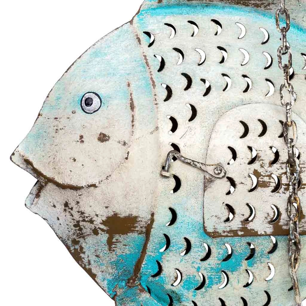 Portacandele in metallo invecchiato blu a forma di pesce, 56x10x42h cm