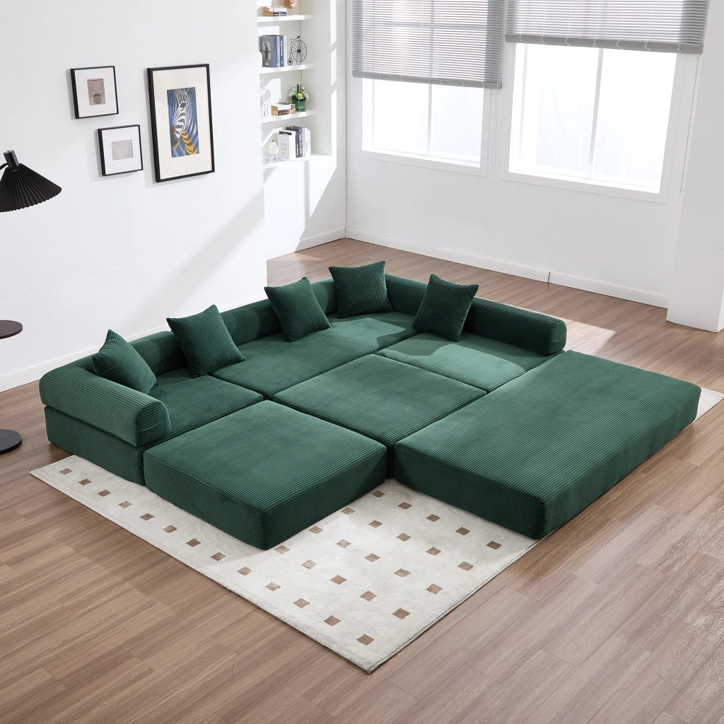 Canapé modulare con tasca laterale e funzione letto in velluto a coste verde smeraldo 270 × 180 × 64 cm