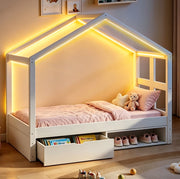 Letto a casetta 90x190 cm con cassetto; scarpiera e LED multicolore; bianco