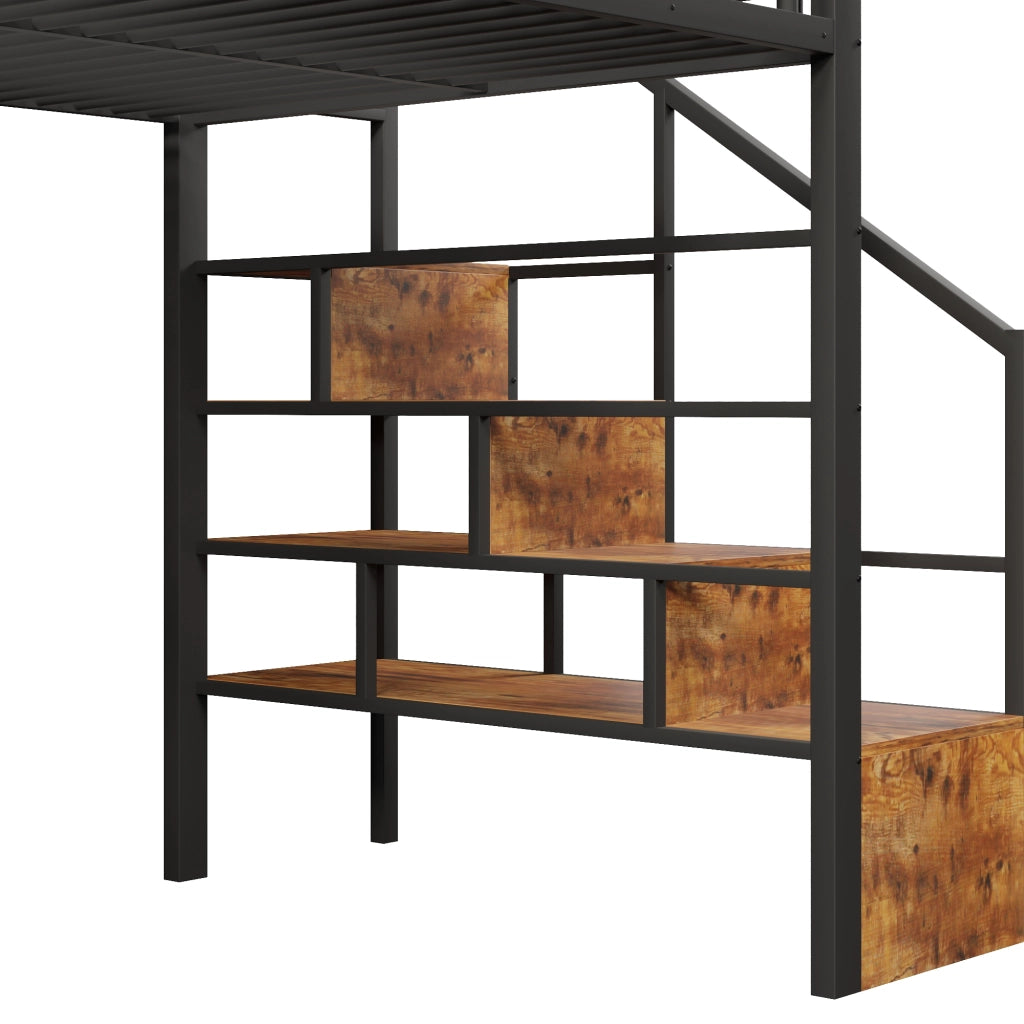 Letto a soppalco 140x200 cm con spazio libero sottostante; LED; ripiano; gradini integrati e parapetto; metallo nero