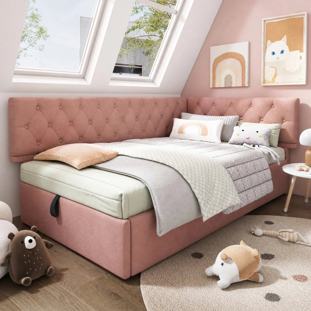 LETTO Giorno a L con contenitore 90x190 cm in velluto rosa