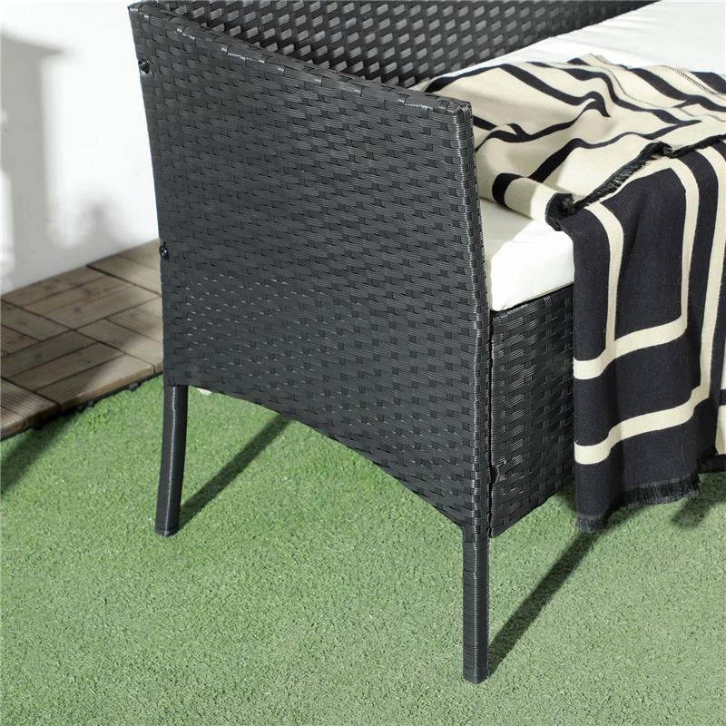 DIVANO DA GIARDINO A 2 POSTI CON CUSCINO E BRACCIOLI IN RATTAN PE E ACCIAIO, 100X54X80CM, NERO