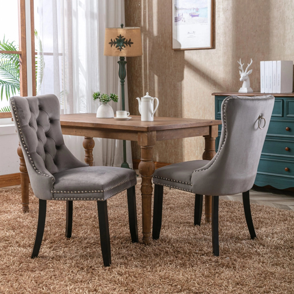 Sedie da Pranzo Imbottite in Velluto con Gambe in Legno Massello ¨C MINIMAL ¨C Set 2 Pezzi, Grigio