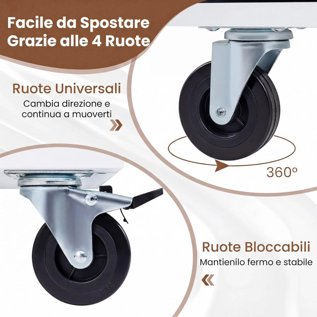 Carrello da Cucina in Legno, Carrello Isola Cucina con Ripiano Ribaltabile, Ruote, 3 Cassetti e Armadietto, Porta Spezie e Asciugamani, 129,5x76x93 cm