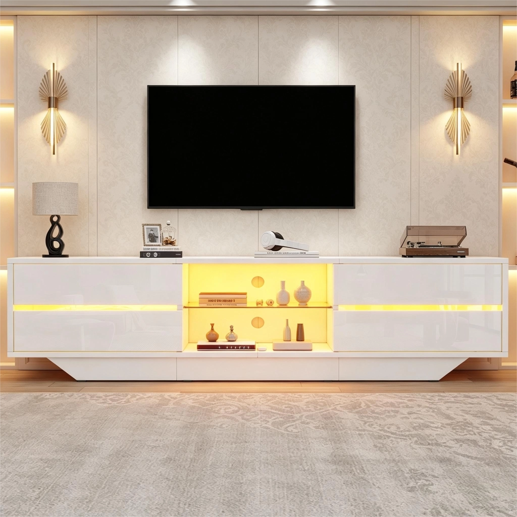 Mobile TV sospeso 160 cm in finitura lucida bianca con LED RGB e ampio spazio contenitivo
