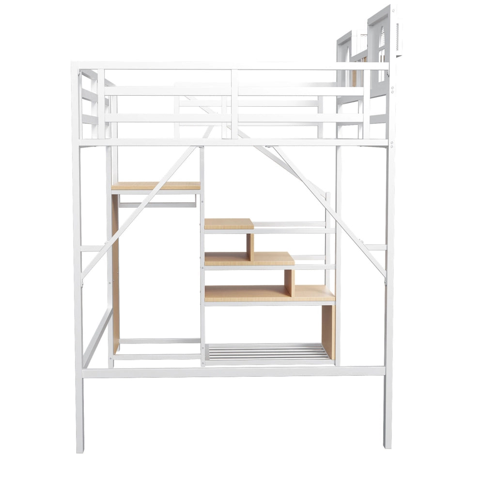 Letto a soppalco 140x200 cm con scala contenitore e ripiano; in metallo bianco