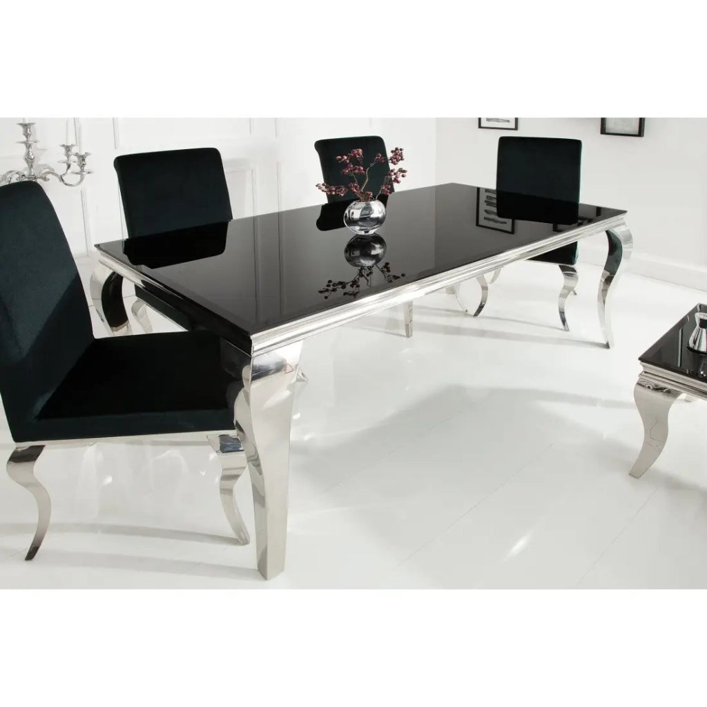 Tavolo da pranzo VELENA – Acciaio lucidato e vetro nero – 200 cm – Stile barocco moderno