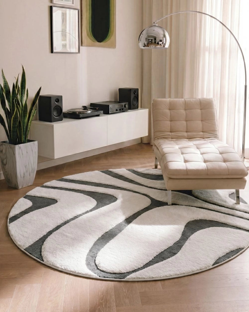 Tappeto Moderno da Soggiorno Rotondo Jacquard 160 x 230 cm a Pelo Alto Grigio e Bianco con Retro in Poliestere