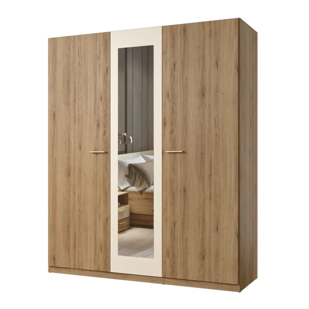 Armadio VERTIGO - 3 porte 179x215 cm – Rovere selvaggio e beige sabbia – Con specchio centrale